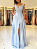 Off the Shoulder Blue Lace Thigh Split Maxi Formal Ball Gown Long Chiffon Prom Dresses APD3241-SheerGirl