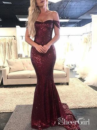 Long Sleeve Lace Maroon Mermaid Prom Dresses Off the Shoulder Formal Dress  ARD1416