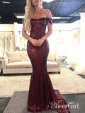 Off the Shoulder Burgundy Mermaid Prom Dresses Shiny Maroon Formal Dress ARD1569-SheerGirl