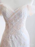 Off the Shoulder Champagne Tulle Mermaid Wedding Dress with Train AWD1472-SheerGirl