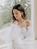 Off the Shoulder Lace Beach Wedding Dresses Long Sleeves Boho Wedding Dress AWD1744-SheerGirl