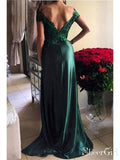 Off the Shoulder Lace Bodice Green Satin Prom Dresses with Side Slit ARD1945-SheerGirl