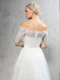 Off the Shoulder Lace Wedding Dresses See Through Long Sleeve Beach Wedding Dress AWD1072-SheerGirl