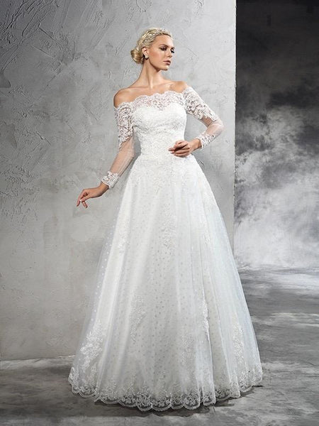 Off the Shoulder Lace Wedding Dresses See Through Long Sleeve