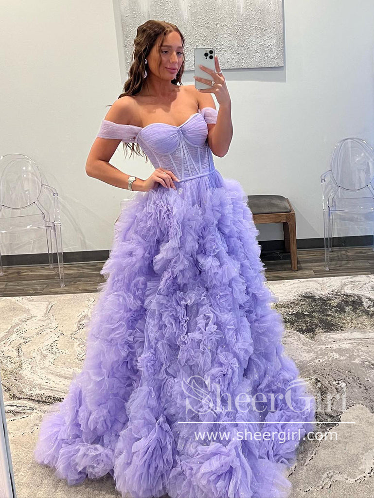 Tulle Photo Shoot Prom Dresses Off Shoulder Ruffles Ball Gowns A