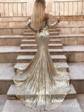 Off the Shoulder Long Sleeve Gold Mermaid Prom Dresses ARD1852-SheerGirl