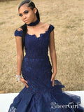 Off the Shoulder Mermaid Prom Dresses Navy Blue Beaded Lace Chic Choker Prom Dress APD3368-SheerGirl