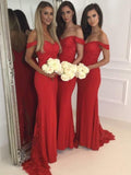 Off the Shoulder Red Chiffon Mermaid Bridesmaid Dress Beaded Formal Dresses PB10117-SheerGirl