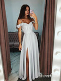 Off the Shoulder Simple Long Prom Dresses Side Slit Formal Dress APD3349-SheerGirl