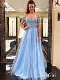 Off the Shoulder Sky Blue Beaded Prom Dresses Long Formal Dresses APD3219-SheerGirl