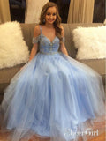 Off the Shoulder Sky Blue Beaded Prom Dresses Long Formal Dresses APD3219-SheerGirl