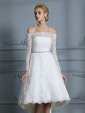 Off the Shoulder Tea Length Wedding Dresses Lace High Low Wedding Dress AWD1074-SheerGirl