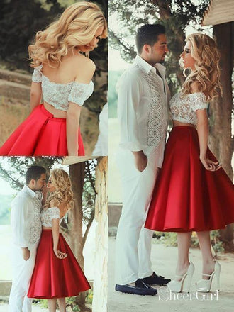 Red Lace High Low Homecoming Dresses Spaghetti Strap Satin Prom