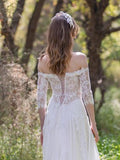 Off the Shoulder White Wedding Dresses with Sleeves See Through Beach Wedding Dress AWD1208-SheerGirl