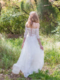 Off the Shoulder White Wedding Dresses with Sleeves See Through Beach Wedding Dress AWD1208-SheerGirl