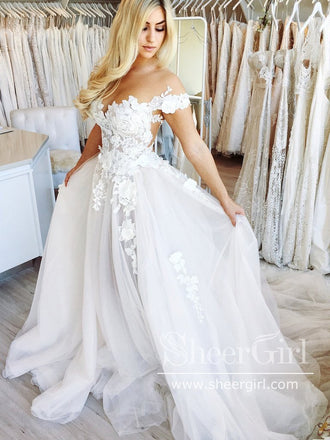 Floral Lace Princess A-line Wedding Dress with Sleeves Ball Gown