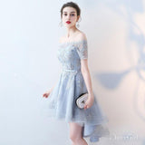 Off the shoulder Grey Lace Appliqued High Low Homecoming Dresses with Short Sleeves,apd2666-SheerGirl