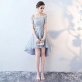 Off the shoulder Grey Lace Appliqued High Low Homecoming Dresses with Short Sleeves,apd2666-SheerGirl