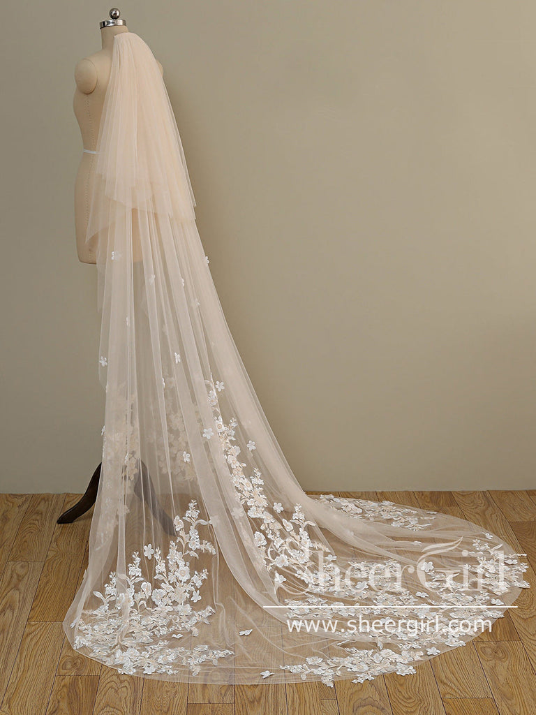 Cathedral Drop Veil with French Lace Trim and Blusher in White