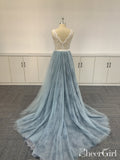 Ombre Soft Tulle Embroidered Lace Boho Wedding Dress V Neck Pearls Wedding Gown AWD1686-SheerGirl