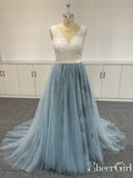 Ombre Soft Tulle Embroidered Lace Boho Wedding Dress V Neck Pearls Wedding Gown AWD1686-SheerGirl