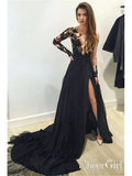 One Shoulder Black Prom Dresses Lace Applique Beaded Long Sleeve Formal Dresses ARD1201-SheerGirl