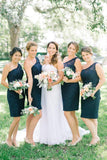 One Shoulder Lace Bridesmaid Dresses Navy Blue Bodycon Short Bridesmaid Dresses ARD1191-SheerGirl