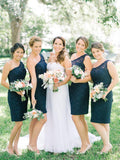 One Shoulder Lace Bridesmaid Dresses Navy Blue Bodycon Short Bridesmaid Dresses ARD1191-SheerGirl