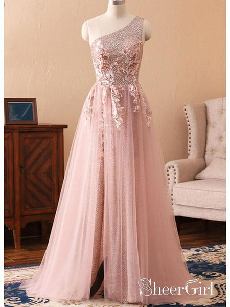One Shoulder Rose Gold Prom Dresses Appliqued Pink Tulle Maxi Formal  Evening Gowns – SheerGirl