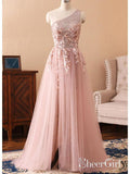 One Shoulder Rose Gold Prom Dresses Pink Tulle Maxi Formal Evening Gowns ARD1029-SheerGirl