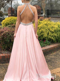 Pink Halter Prom Dresses Long Rhinestone Beaded Backless Formal Evening Ball Gowns APD3274-SheerGirl