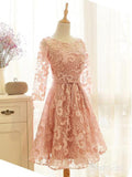 Pink Lace Homecoming Dresses Long Sleeve Knee Length Homecoming Dress ARD1312-SheerGirl