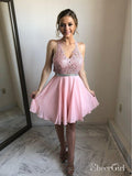 Pink Lace and Chiffon Homecoming Dresses V Neck Open Back Hoco Dress ARD1553-SheerGirl