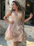 Pink Short Prom Dresses Stripe Print Cheap Plus Size Homecoming Dresses ARD1462-SheerGirl