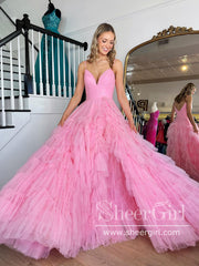 KissProm Reyna |Ball Gown Sweetheart Pink Tiered Printed Tulle Prom Dress, Pink / Custom Size