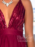 Pleated Sequins Bodice Sparkly Long Formal Dress with High Slit Long Prom Dress ARD2579-SheerGirl