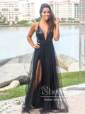 Pleated Sequins Bodice Sparkly Long Formal Dress with High Slit Long Prom Dress ARD2579-SheerGirl