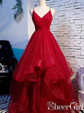 Pleated Tulle Ball Gown Party Dress Spaghetti Straps High-Low Sparkly Long Prom Dress ARD2551-SheerGirl