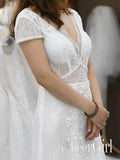 Plunging V-Neck Lace Dress Wedding Gown with Short Sleeves Elegant Bridal dress AWD1635-SheerGirl