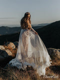 Polka Dot Boho Wedding Dresses Lace Bohemian Wedding Dress with Sleeves AWD1313-SheerGirl