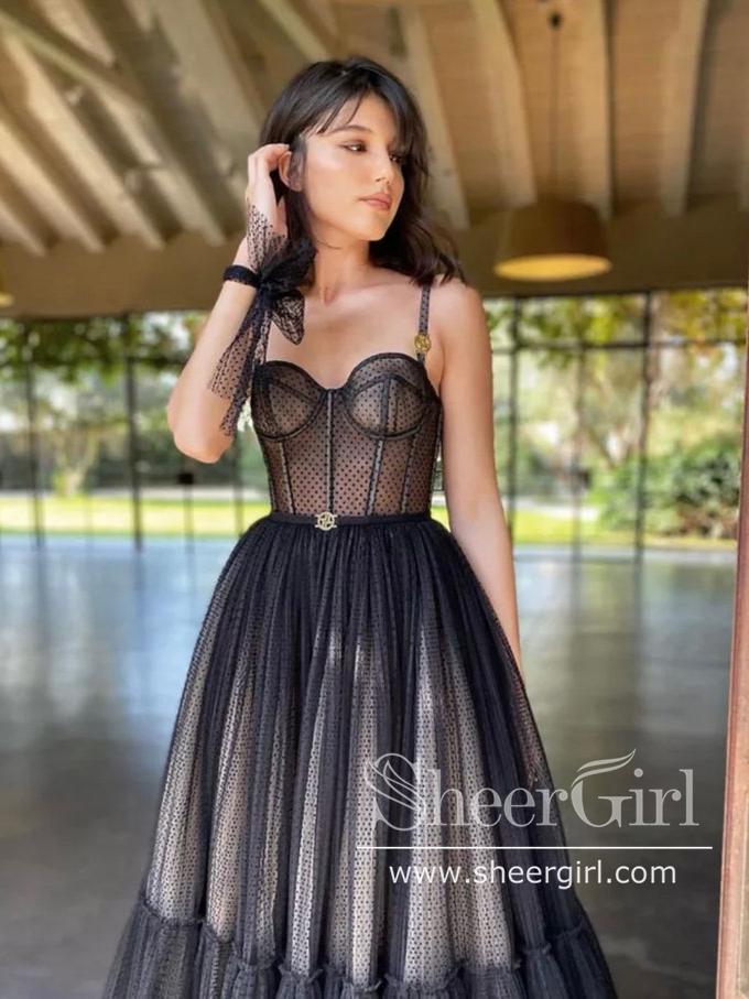 Polka Dots Black Tulle Dress with Corset Bodice Tea Length Prom Dress –  SheerGirl