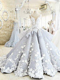 Princess Ball Gown Wedding Dresses Flower Applique Cathedral Train Bridal Dress SWD0020-SheerGirl