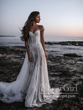A Line Short Wedding Gowns Sheer Jewel Neck Cap Sleeves Boho Lace Appliqued  Garden Bridal Gowns Knee Length Tulle Buttons Back Bride Second Reception  Dress CL0172 From Allloves, $91.59