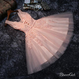 Princess V-neck Blush Pink Hoco Dresses Tulle Lace Appliqued Homecoming Dresses APD2277-SheerGirl