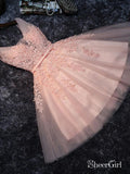 Princess V-neck Blush Pink Hoco Dresses Tulle Lace Appliqued Homecoming Dresses APD2277-SheerGirl