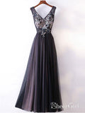 Princess/A-line V-neck Lace Appliqued Simple Long Prom Dresses Evening Gowns APD3007-SheerGirl