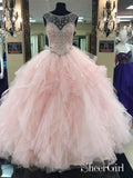 Prom Ball Gown See Through Neck Tulle Light Pink Quinceanera Dresses APD2859-SheerGirl