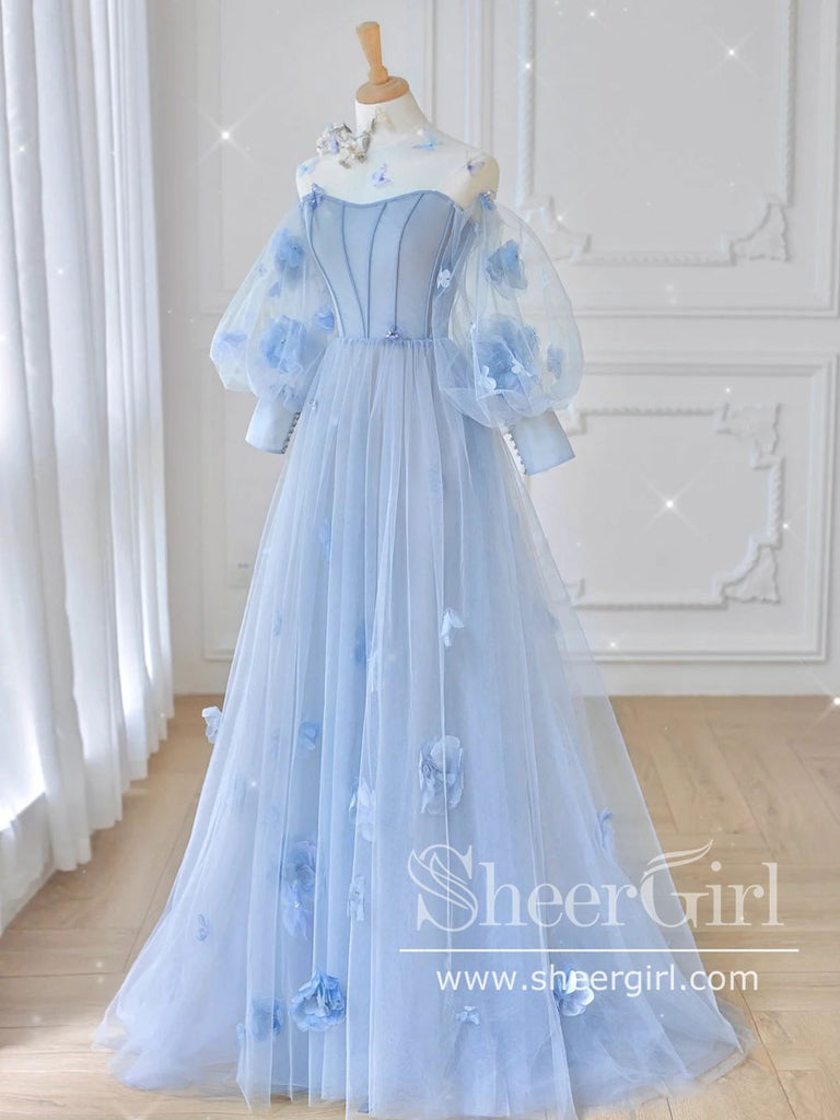 Queendancer Women Light Blue Corset Long Prom Dress Strapless Puff Sleeves  A-Line Tulle Party Dress – queendanceruk