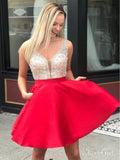 Red Beaded Satin Homecoming Dresses with Pocket Backless Mini Hoco Dress ARD1791-SheerGirl