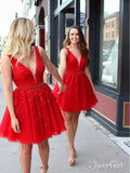 Red Lace Applique Homecoming Dresses V Neck Tulle Short Prom Dress ARD1473-SheerGirl